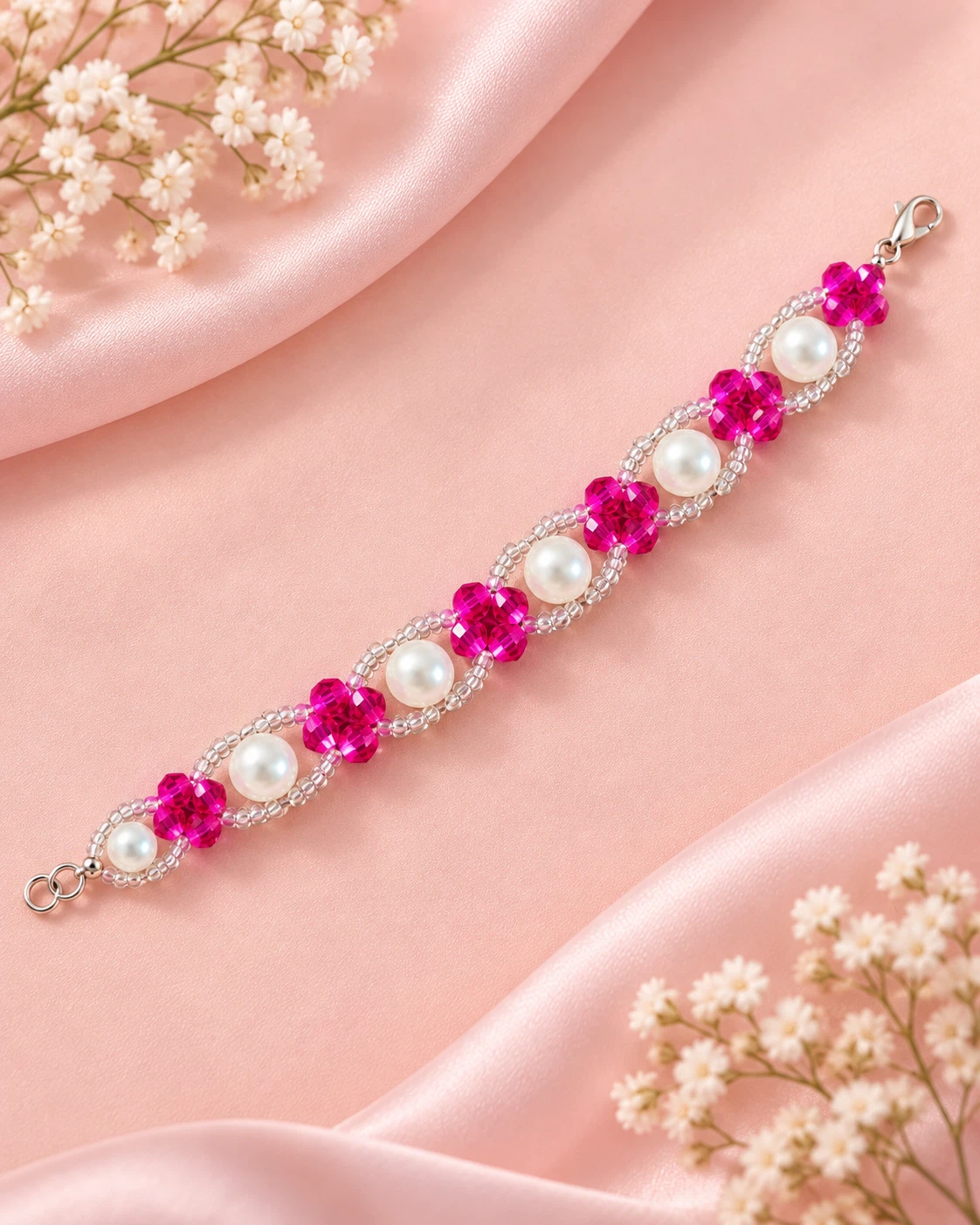 Handcrafted Pink Crystal and Pearl Beaded Bracelet - photo 2