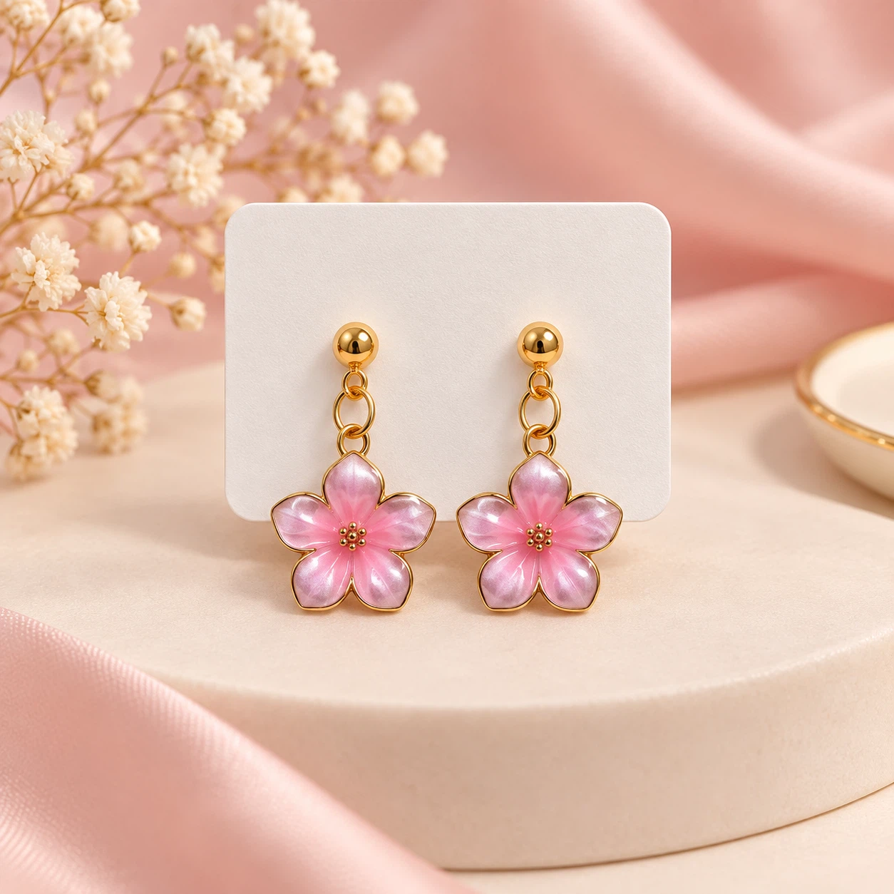 Handcrafted Pink Cherry Blossom Flower Earrings