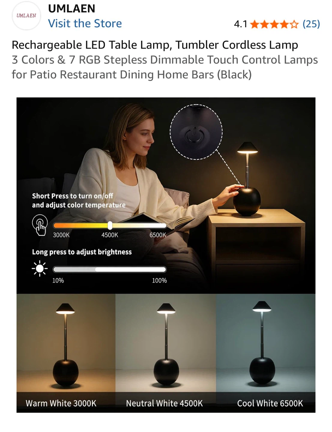 Rechargeable Cordless LED Table Lamp - Black - photo 2