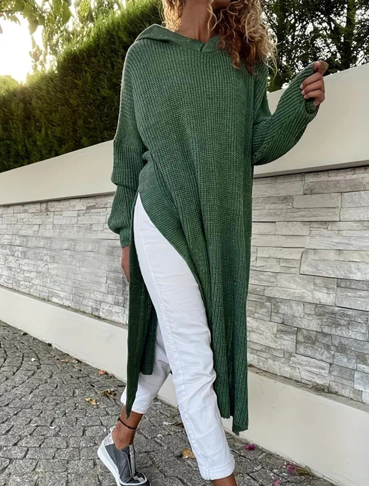 Long Olive Green Knit Hoodie