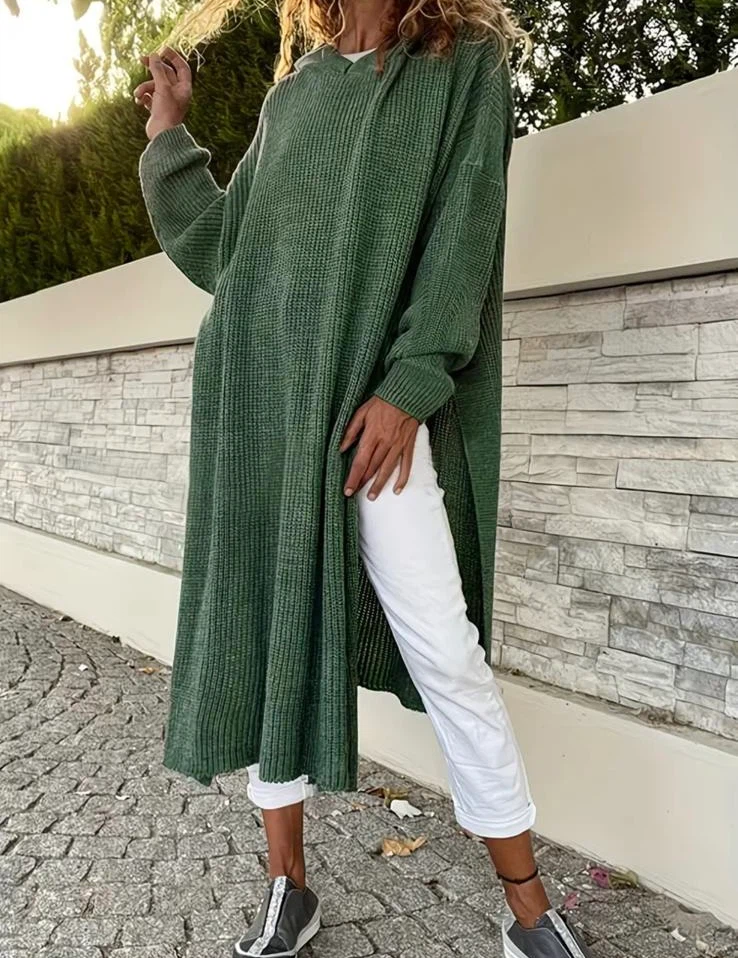 Long Olive Green Knit Hoodie - photo 3