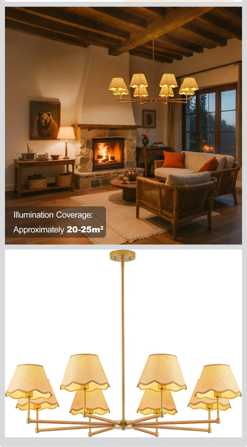 8-Light Brass and Rope Chandelier