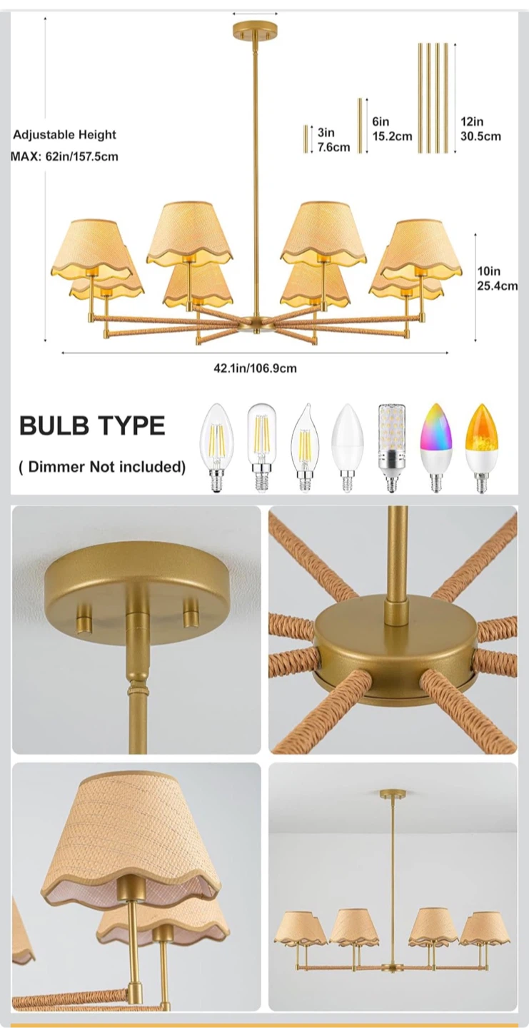 8-Light Brass and Rope Chandelier - photo 3