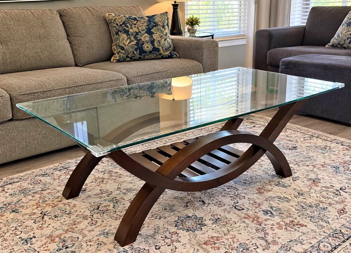 Glass Top Coffee Table with Wood Base