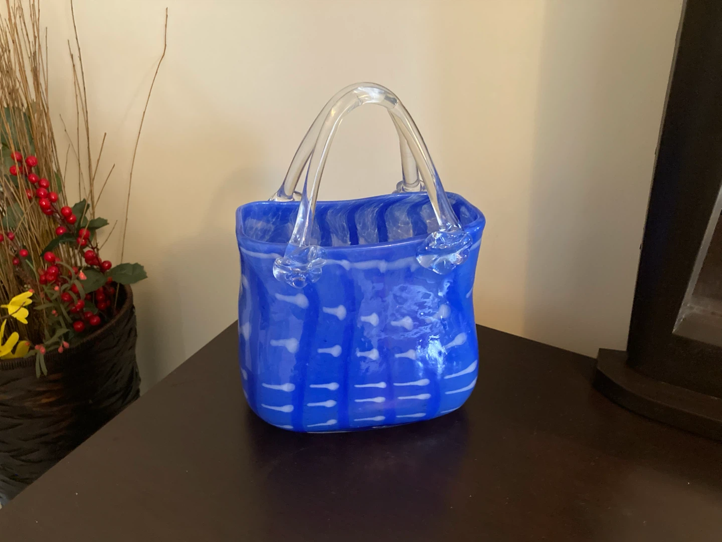 Decorative Blue Hand-Blown Glass Purse Vase
