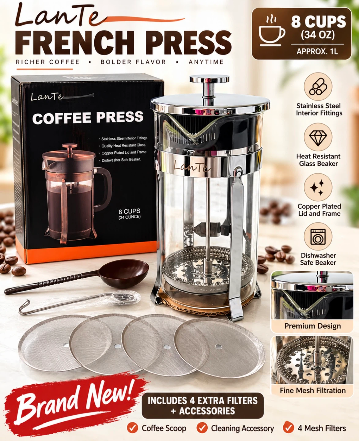 LanTe French Press 8 Cups (34 oz)