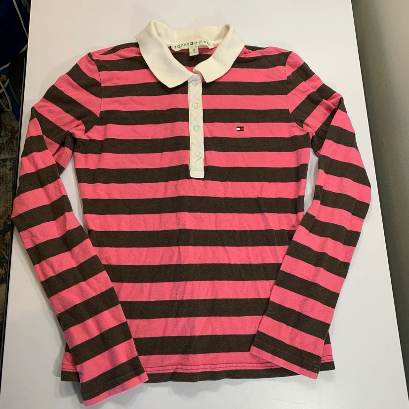Vintage Y2K Tommy Hilfiger Pink Striped Polo Henley