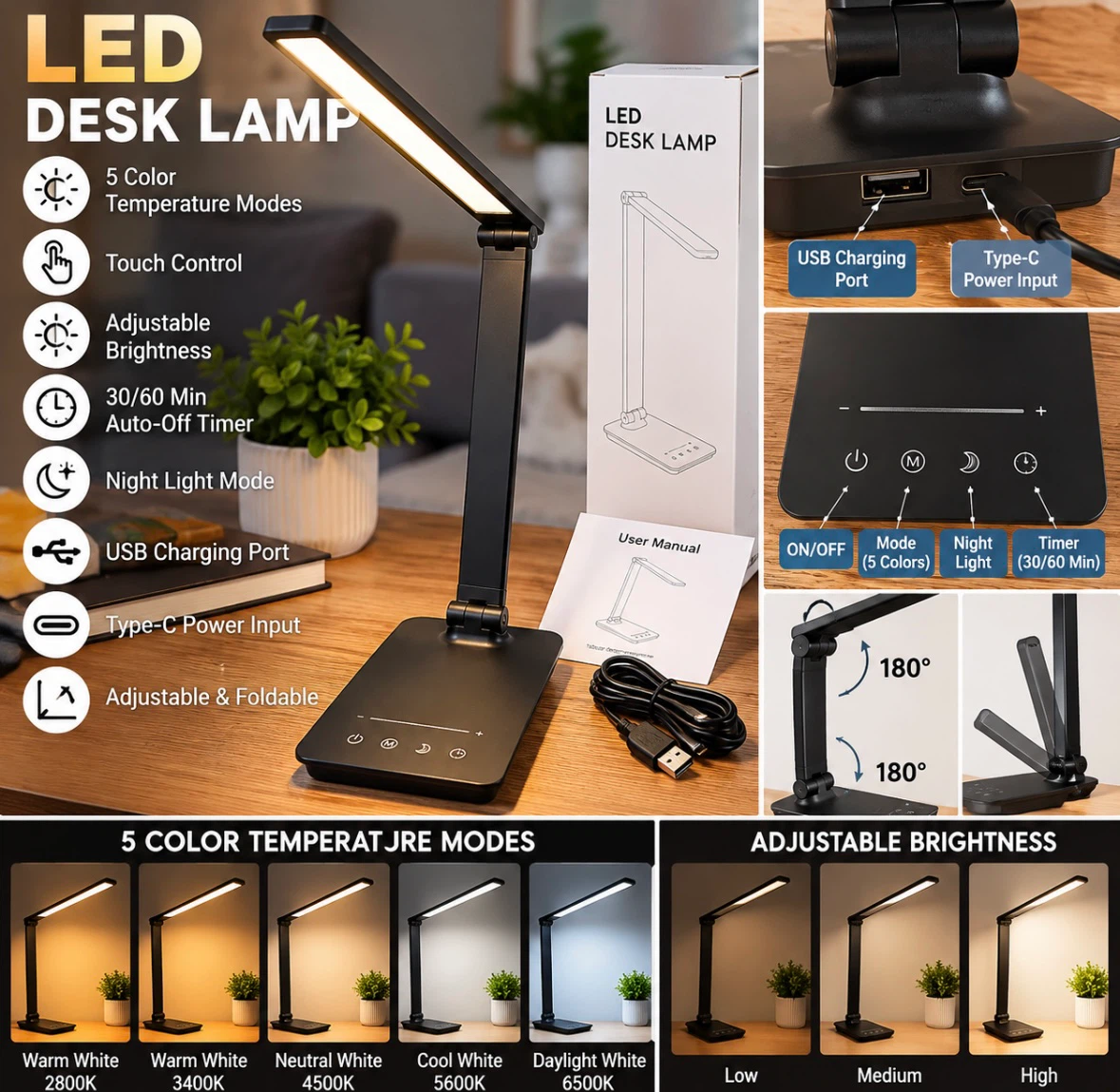 New LED Desk Lamp – Touch Control & USB Charging