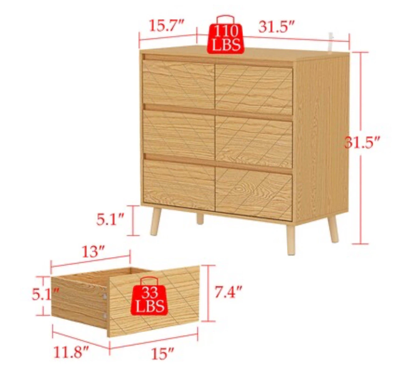 Modern light wood 6-drawer dresser - photo 5