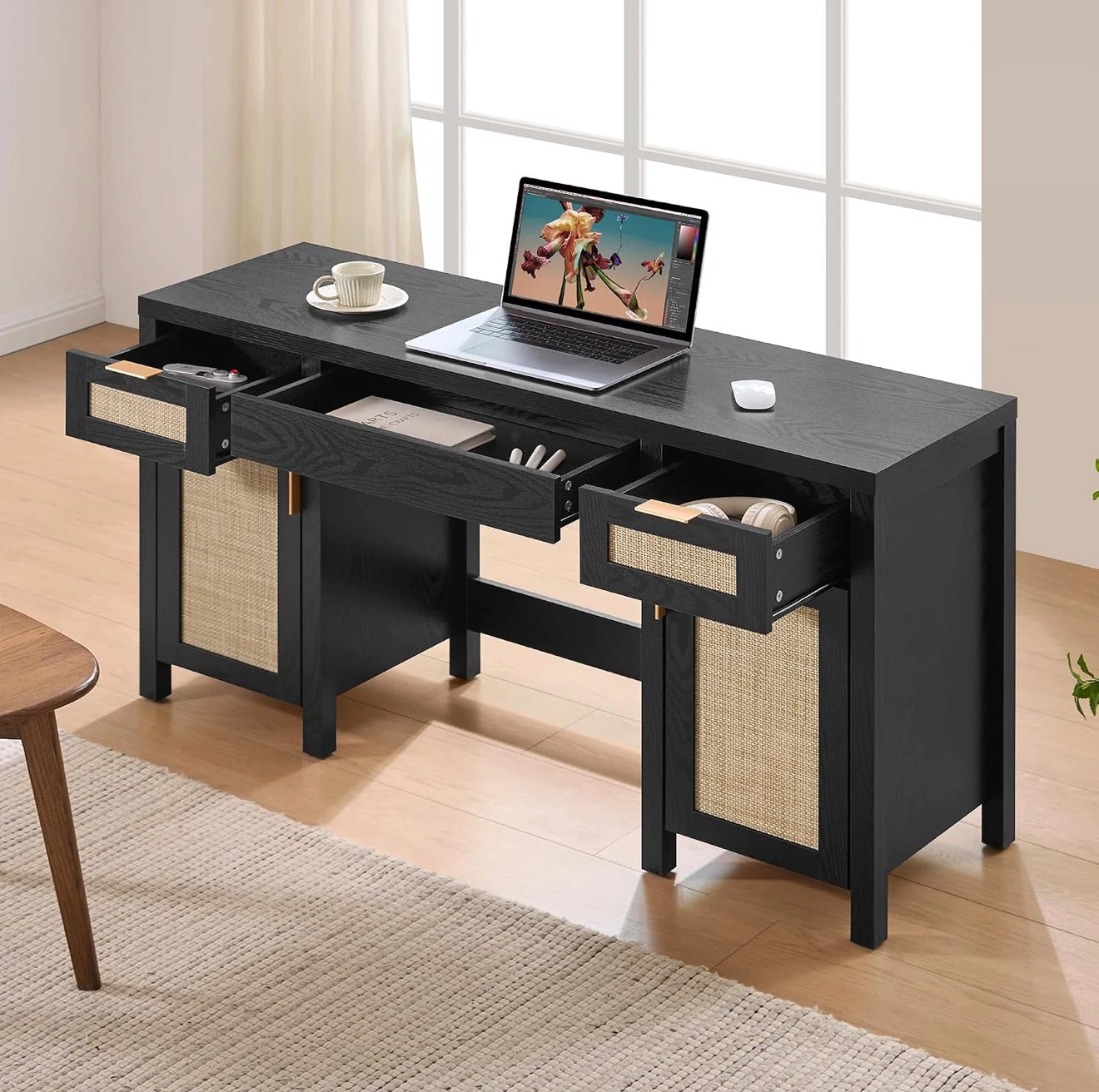 SICOTAS Black Rattan Vanity Desk(office/makeup)