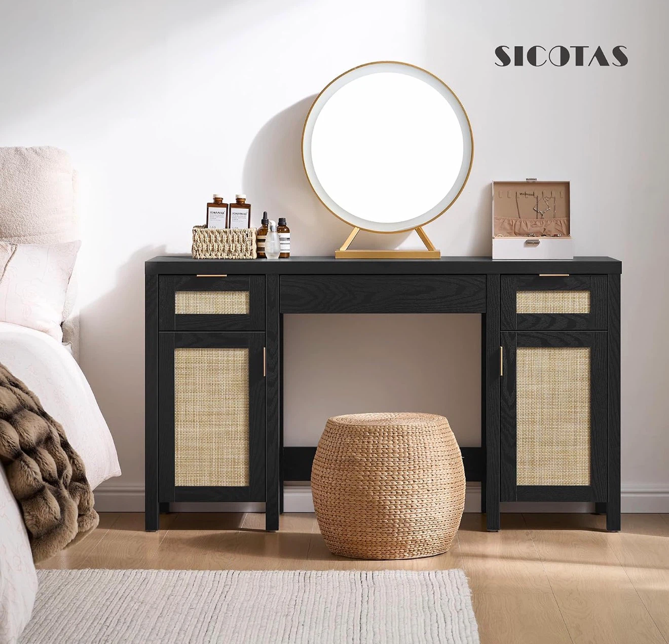 SICOTAS Black Rattan Vanity Desk(office/makeup) - photo 2