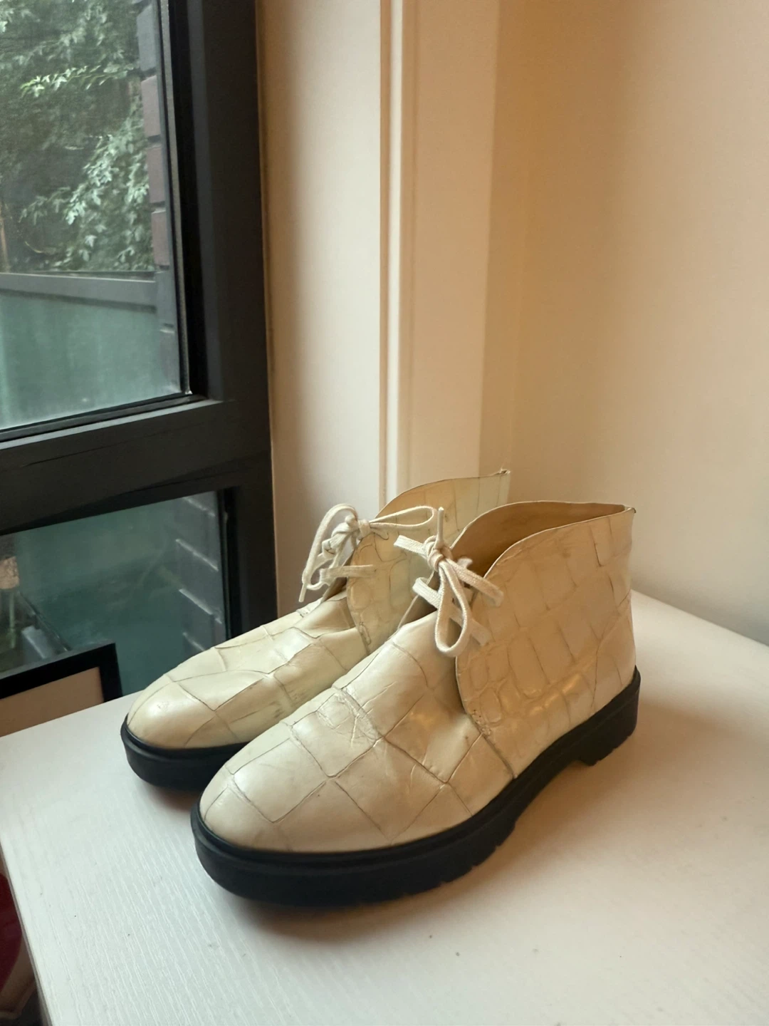 Alexander Wang, size 7, Cream Croc-Embossed Lace-Up Ankle Boots
