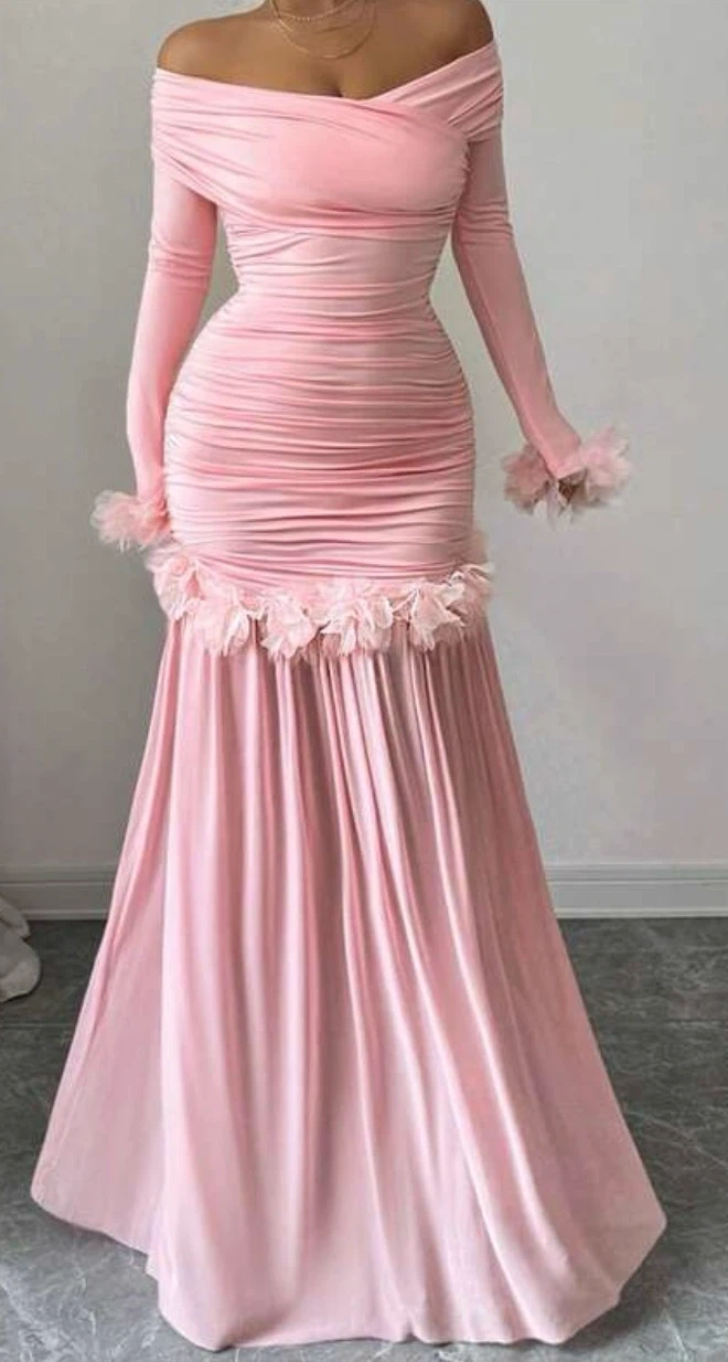 Pink off-shoulder long sleeve maxi dress