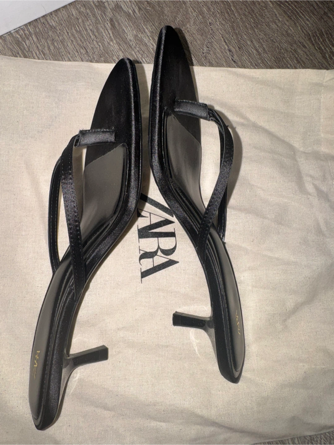 Zara black satin thong kitten heels