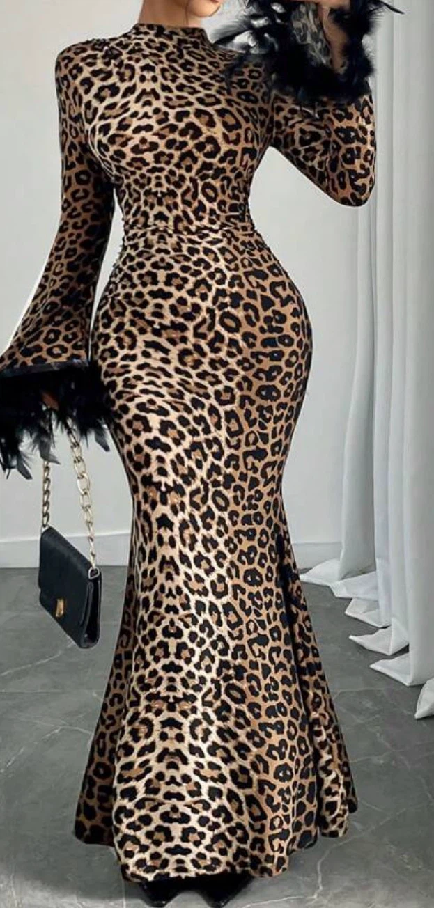 Leopard Print Maxi Dress with Feather Cuffs