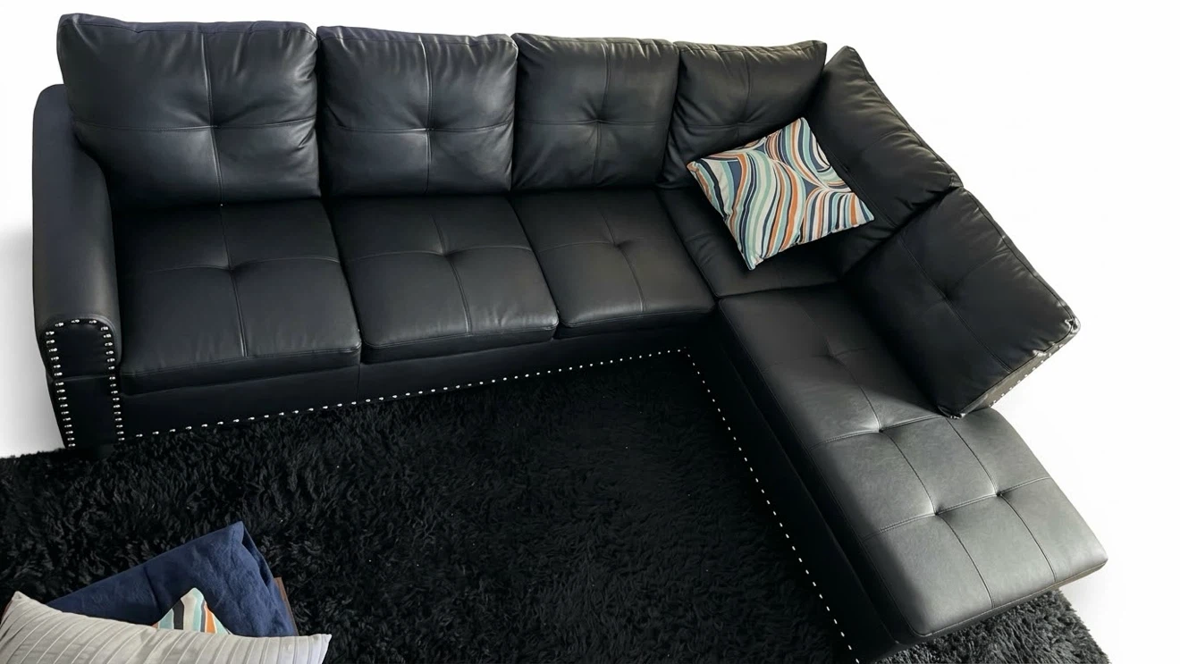 Modern Black Faux-Leather Sectional Sofa
