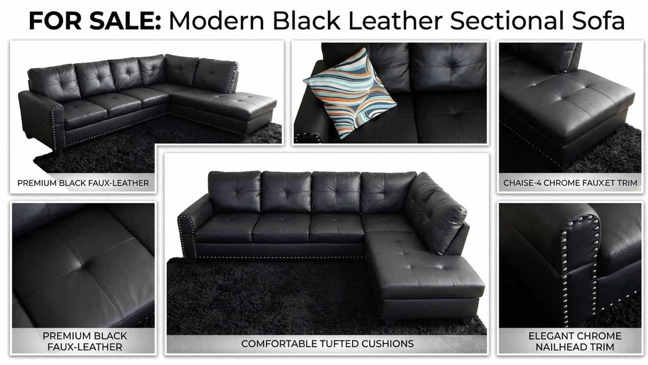 Modern Black Faux-Leather Sectional Sofa - photo 2