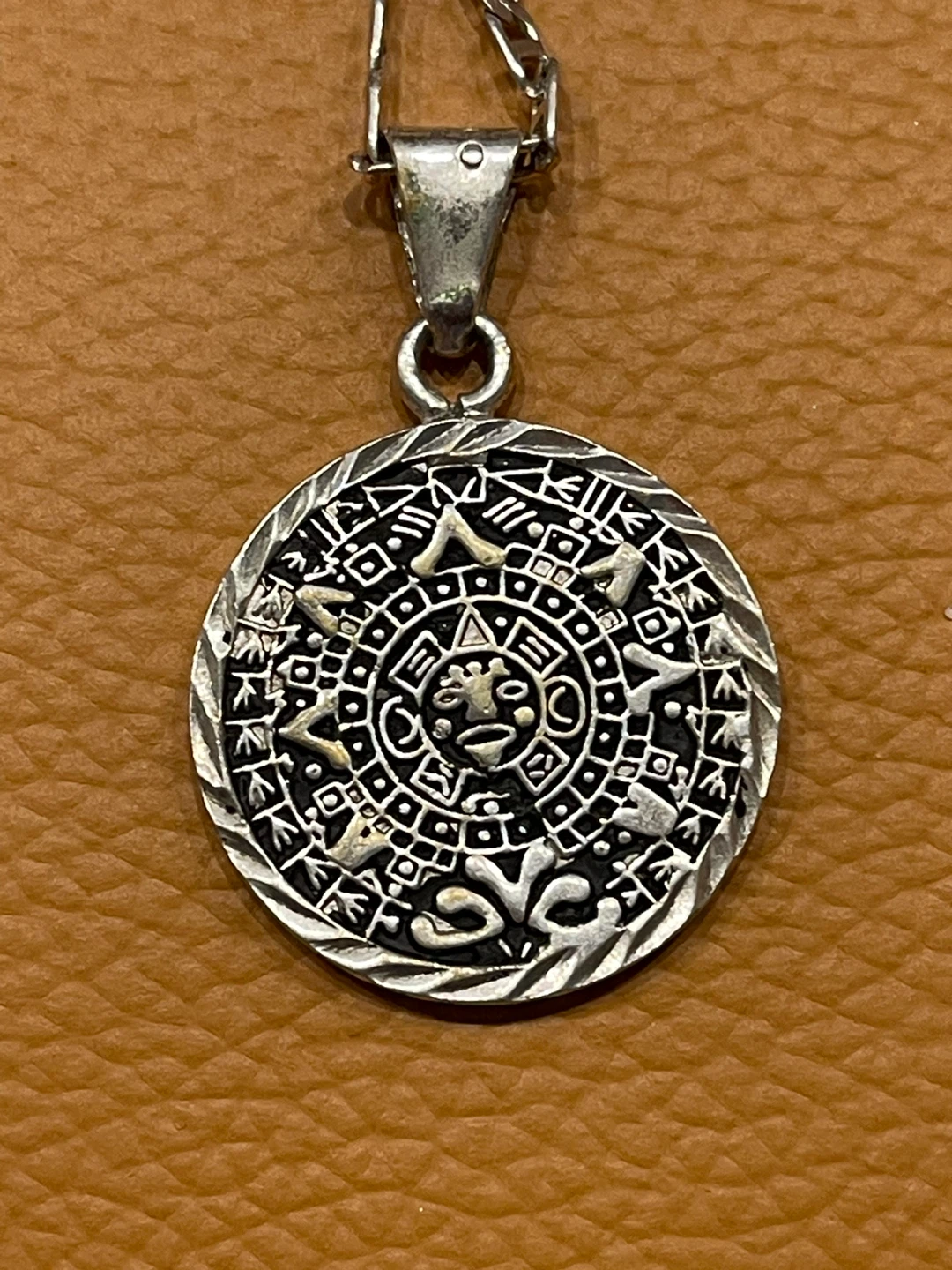 Aztec Calendar Silver Pendant Necklace - photo 3