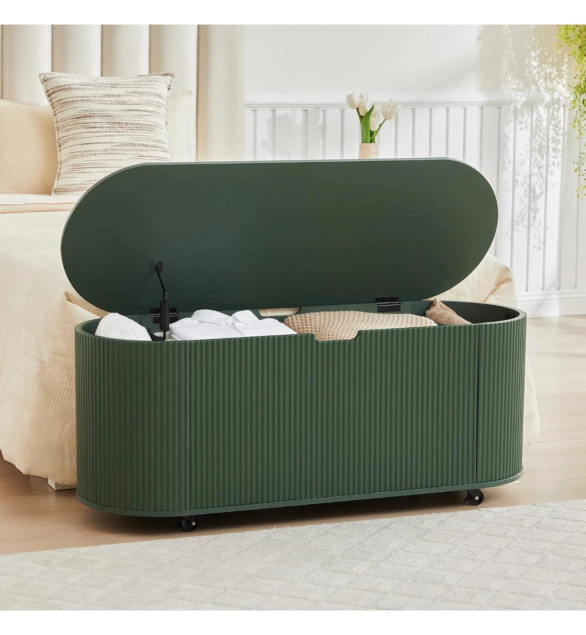 Green Wooden Storage Bench with 4 Wheels