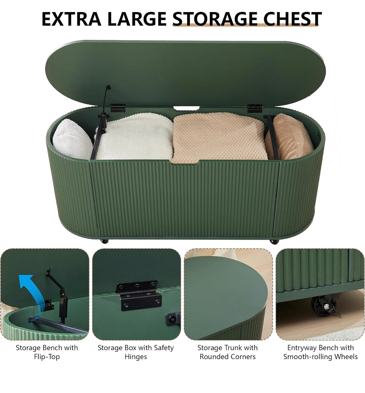 Green Wooden Storage Bench with 4 Wheels - photo 3