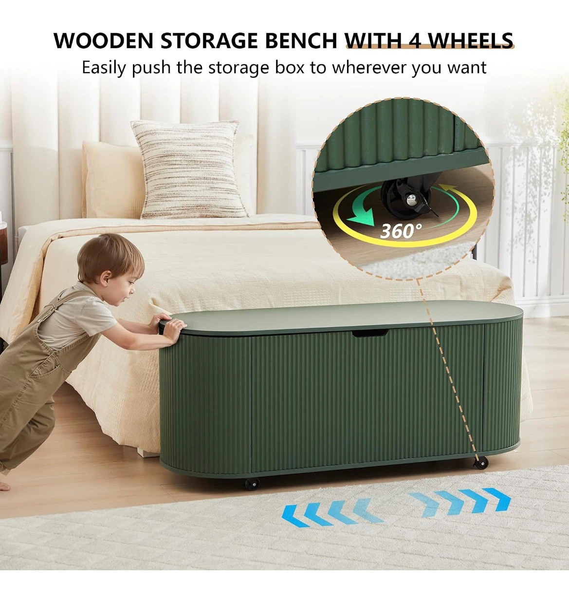 Green Wooden Storage Bench with 4 Wheels - photo 4