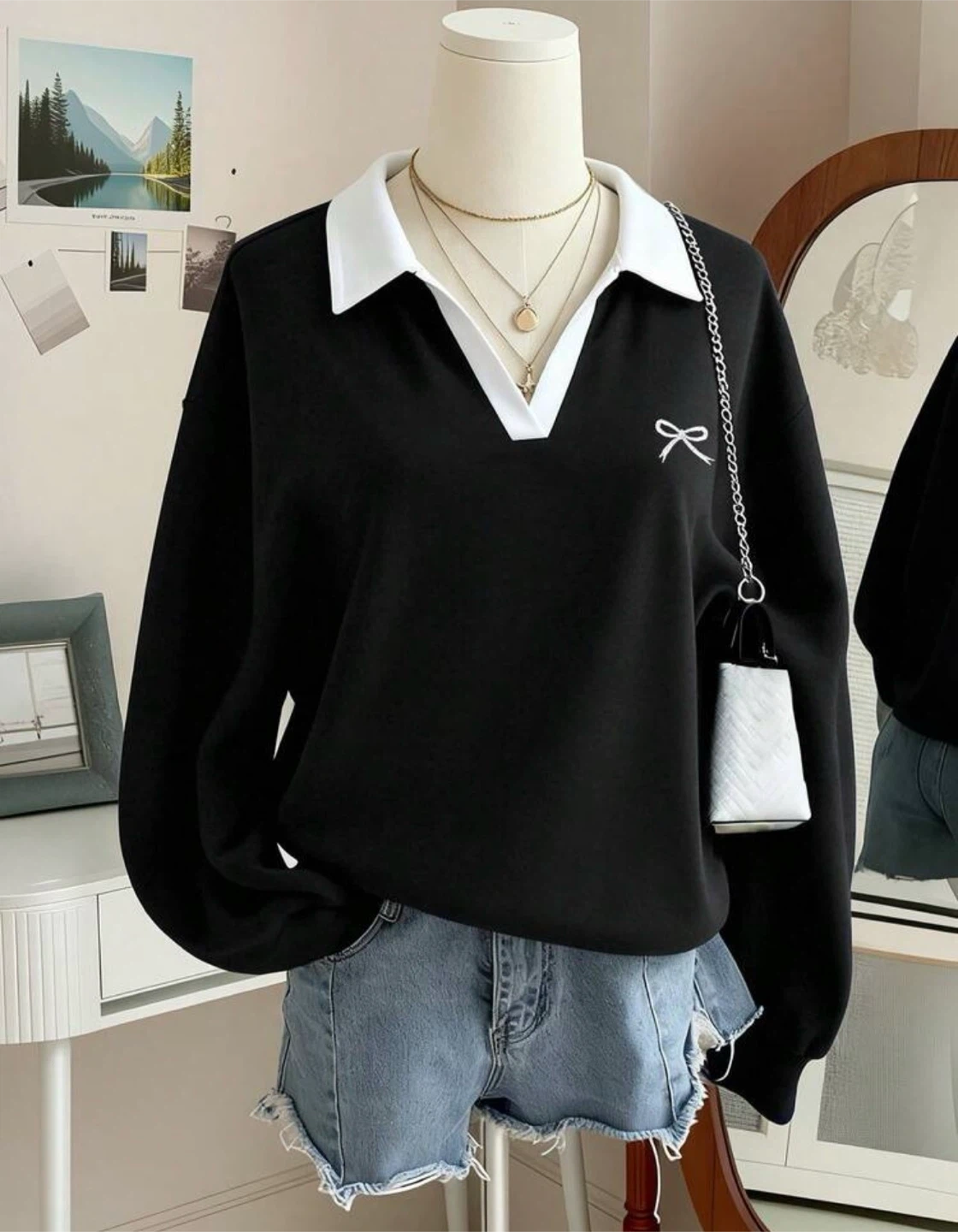 Black Bow Detail Collared Sweatshirt