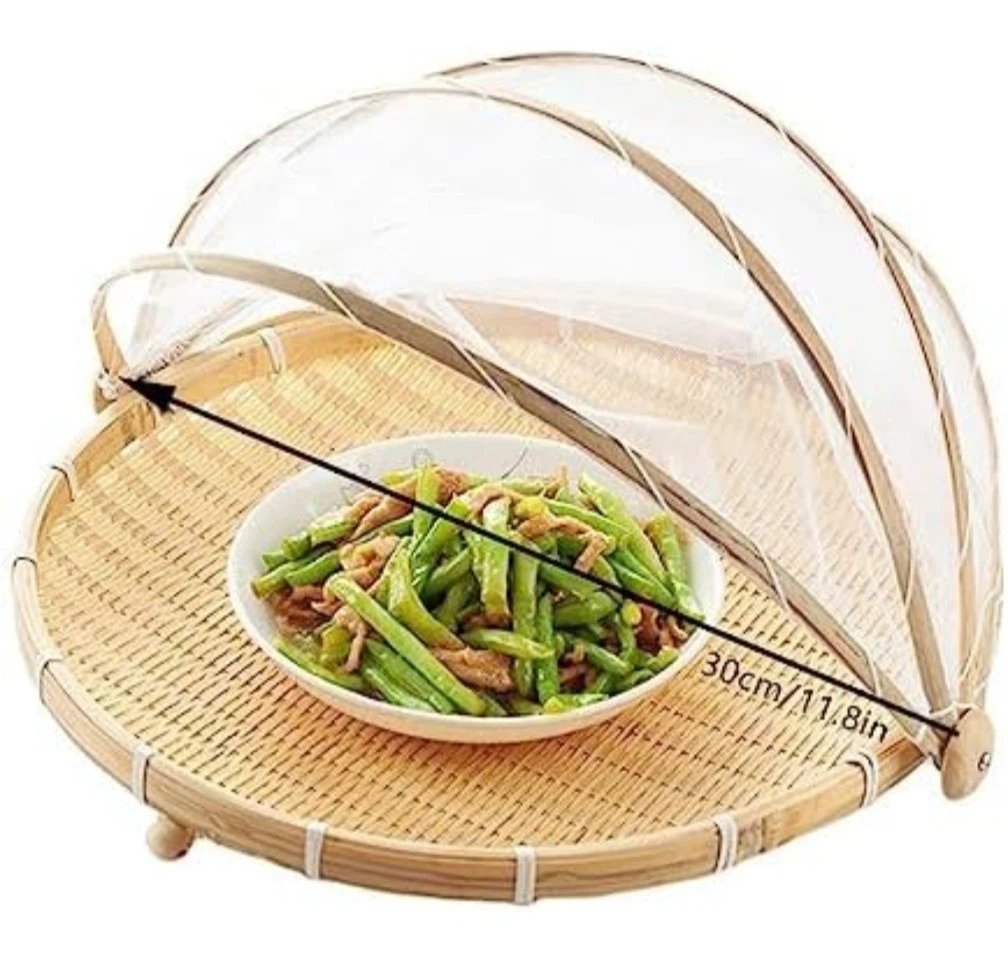 Bamboo Food Basket / food serving tray with Mesh Cover - photo 5