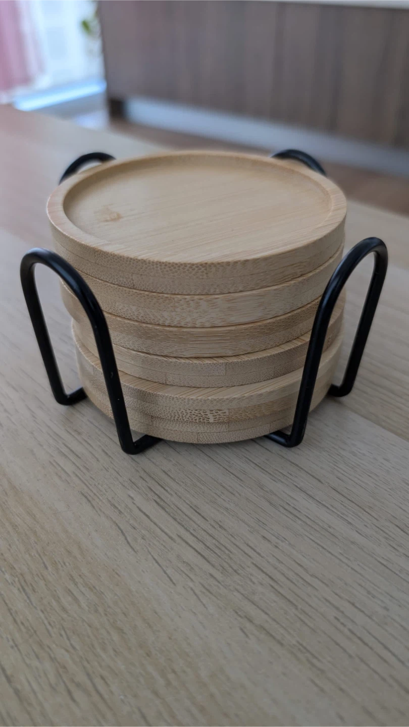 Set of 6 Round Bamboo Coasters with Metal Stand
