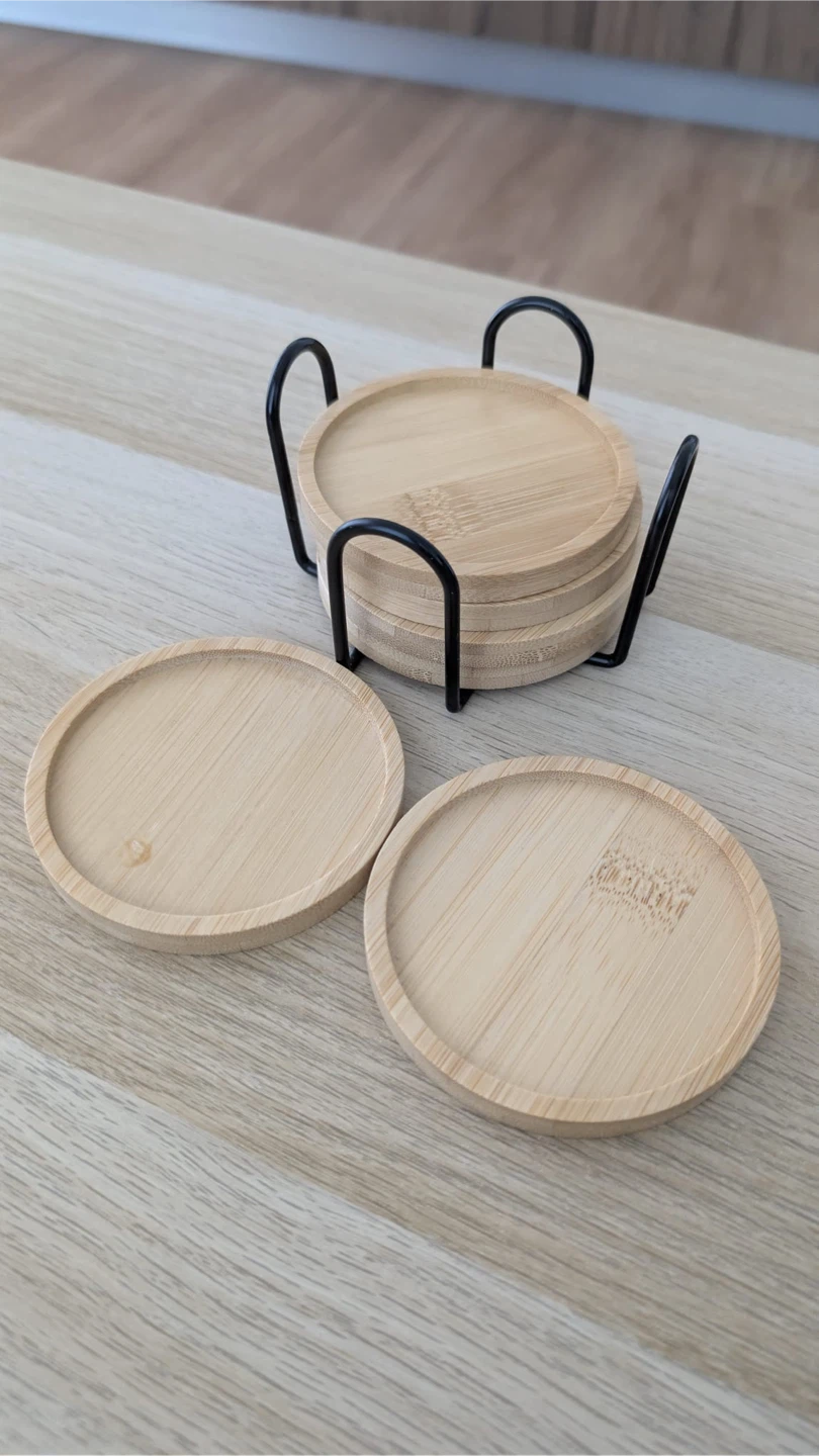 Set of 6 Round Bamboo Coasters with Metal Stand - photo 3