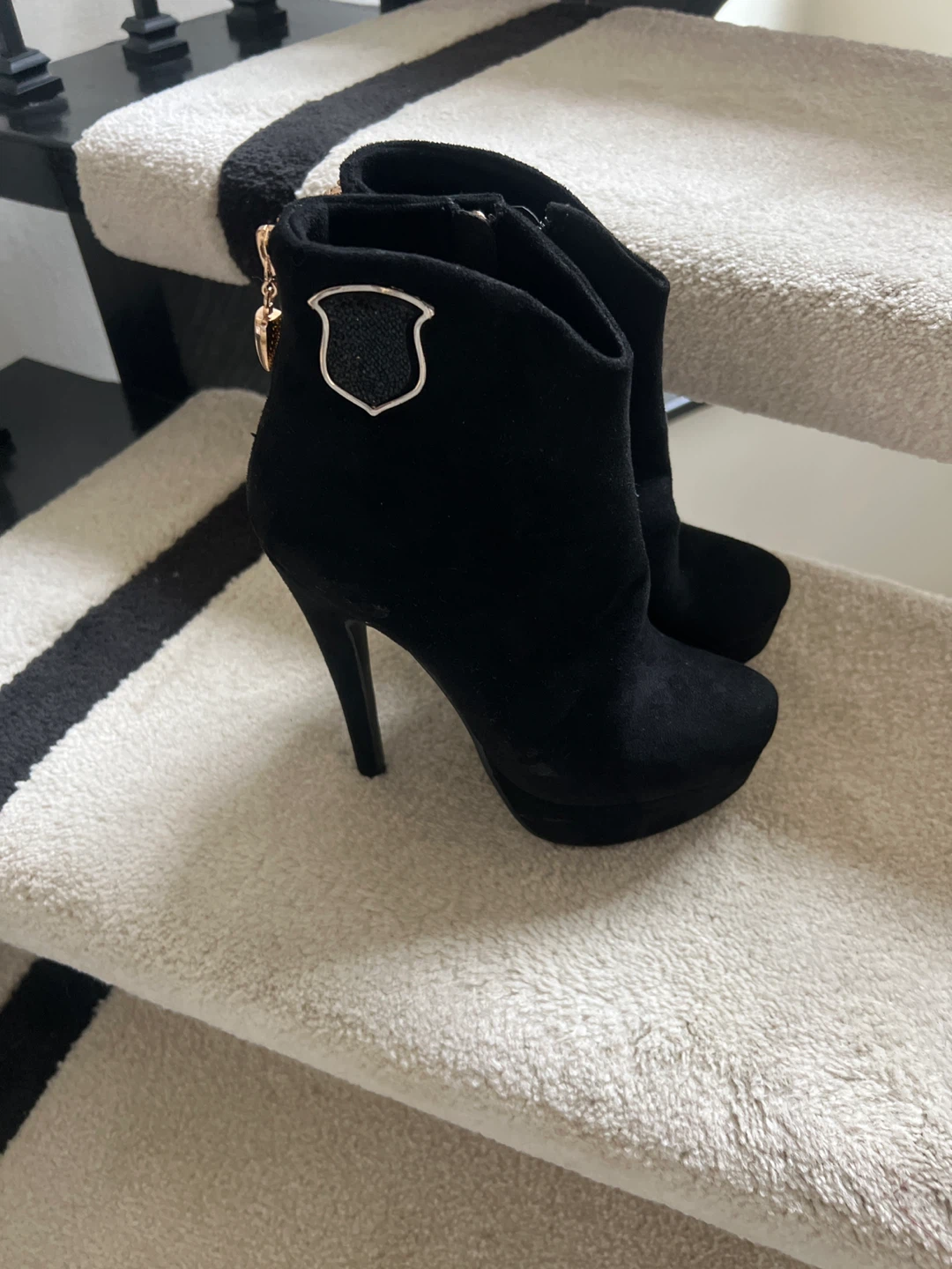 Black Suede Heeled Ankle Boots with Zipper Detail