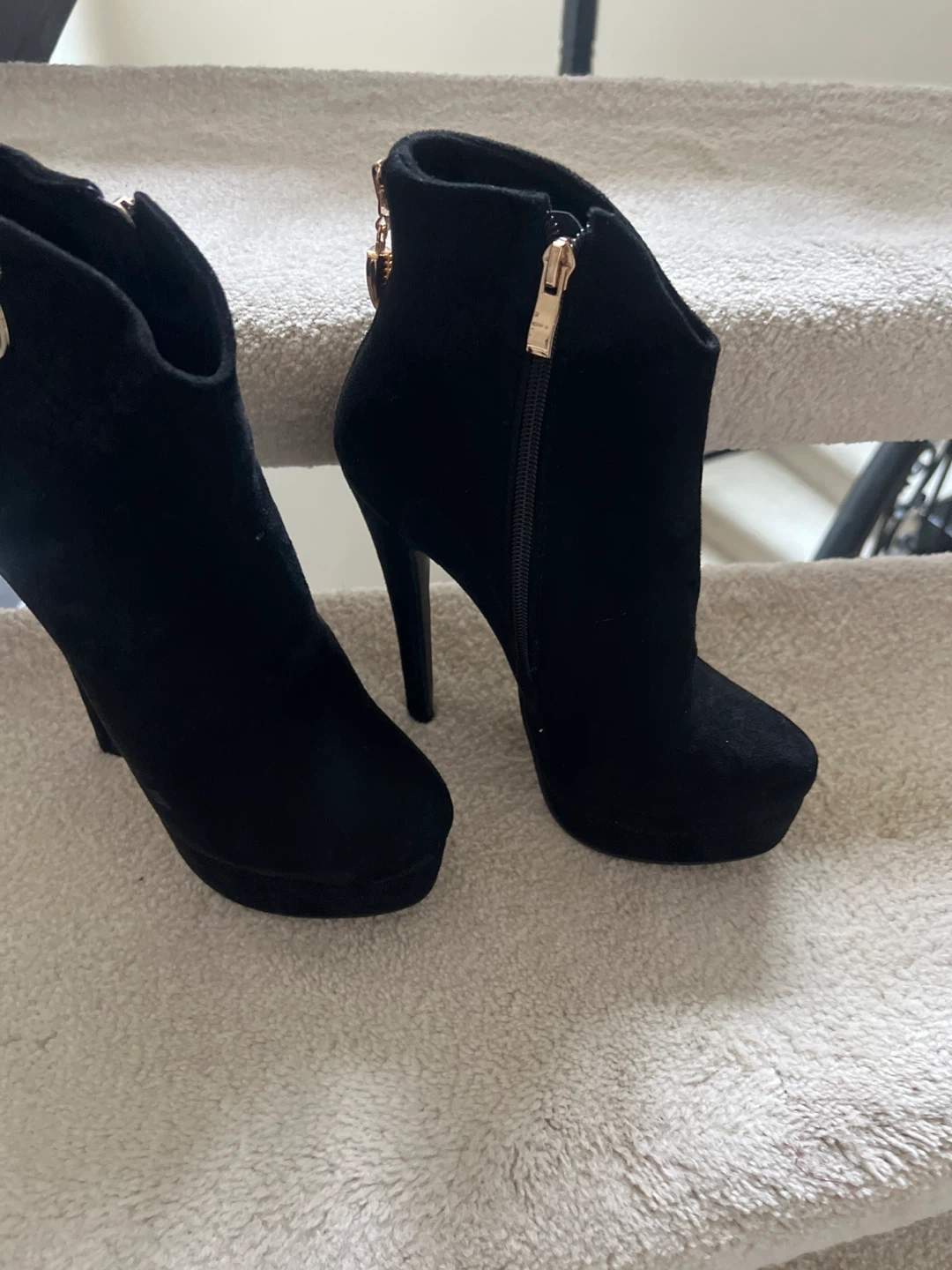 Black Suede Heeled Ankle Boots with Zipper Detail - photo 4