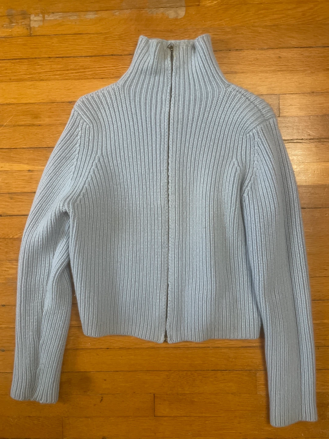 Light Blue Ribbed Turtleneck Zip-Up Sweater