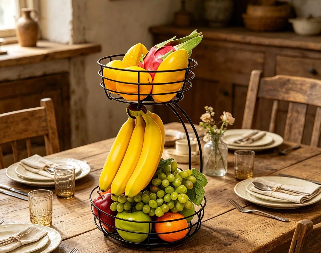 Two-Tier Metal Fruit Basket with Banana Hook