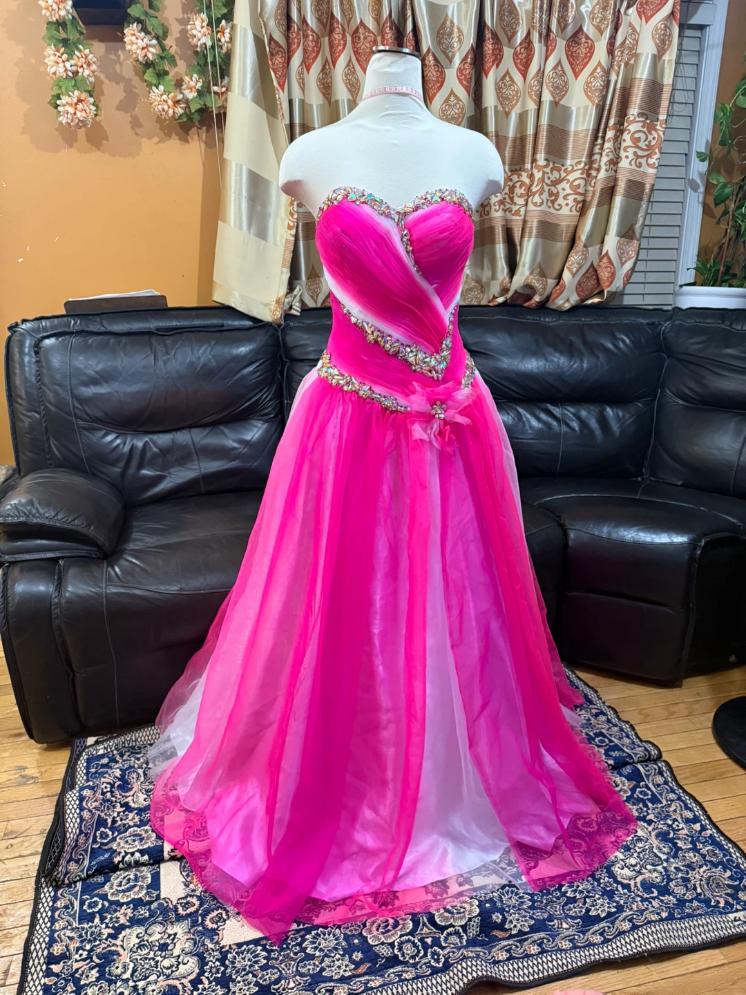Precious formals Bright Pink & White rhinestone embellishments