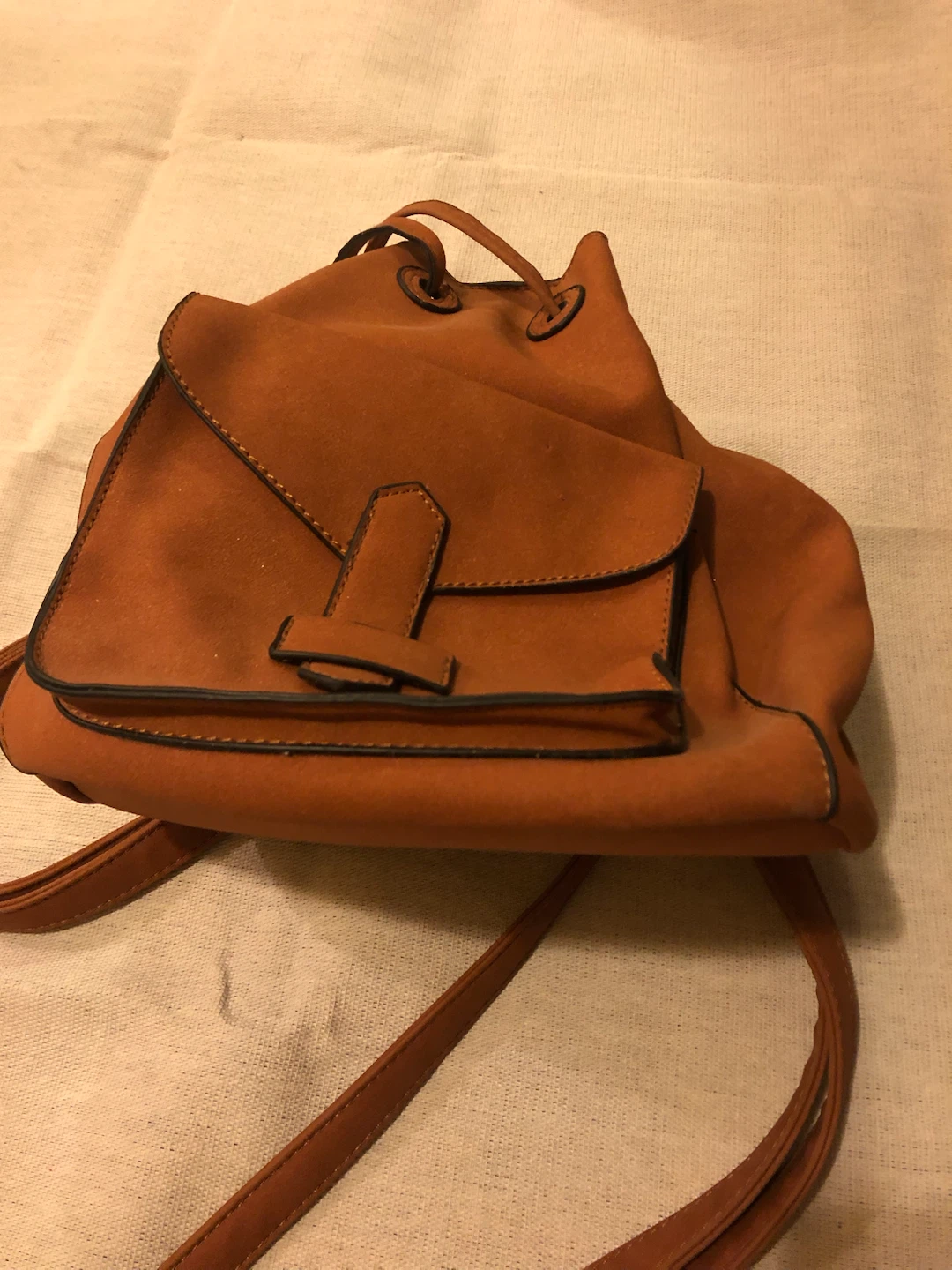 Tan Faux Suede Drawstring Backpack