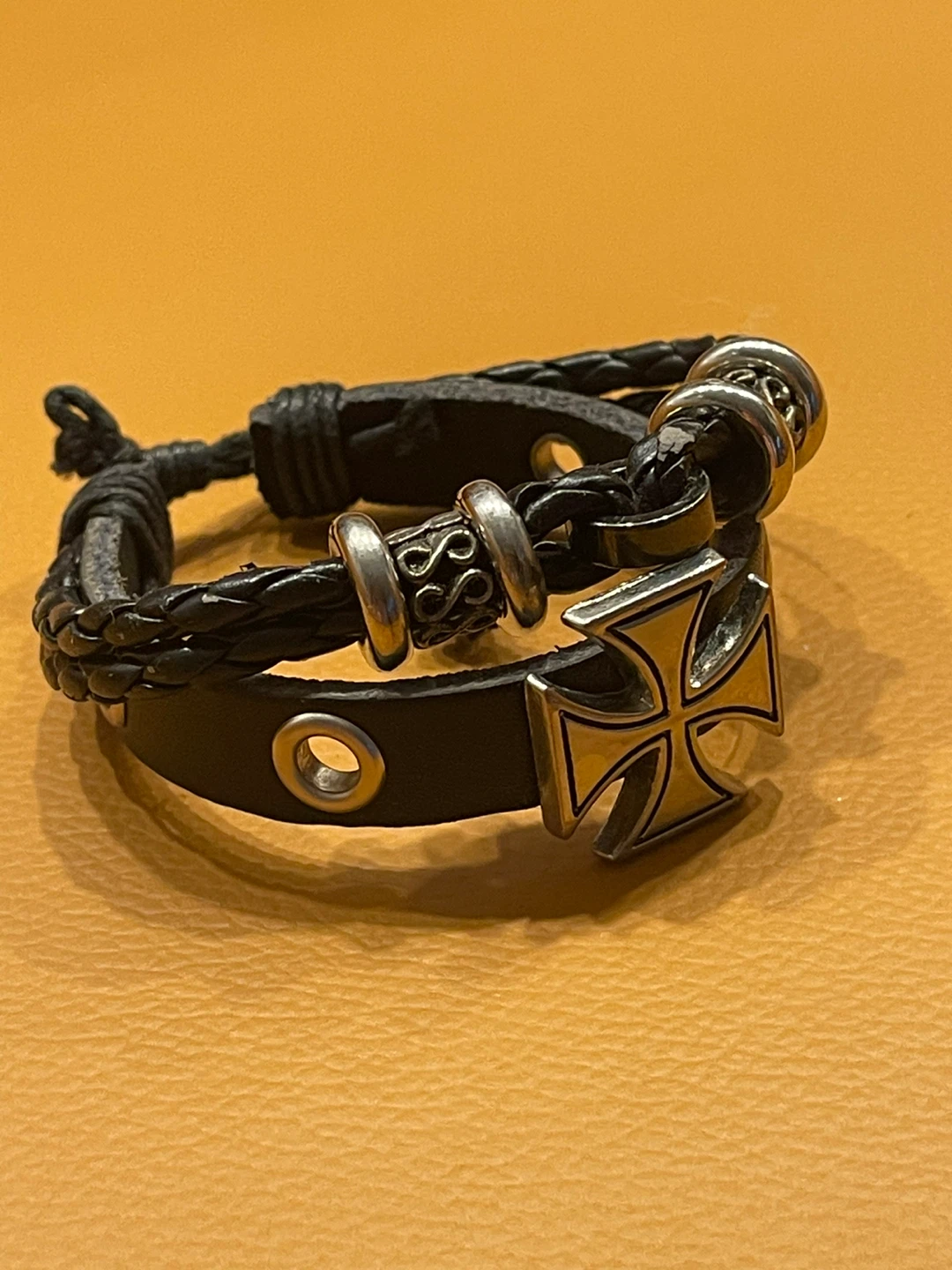 Black Leather Cross Bracelet