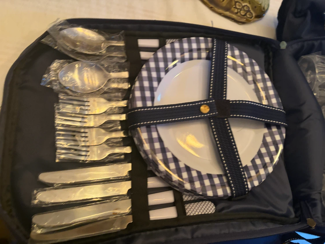 Blue Gingham Picnic Backpack Set