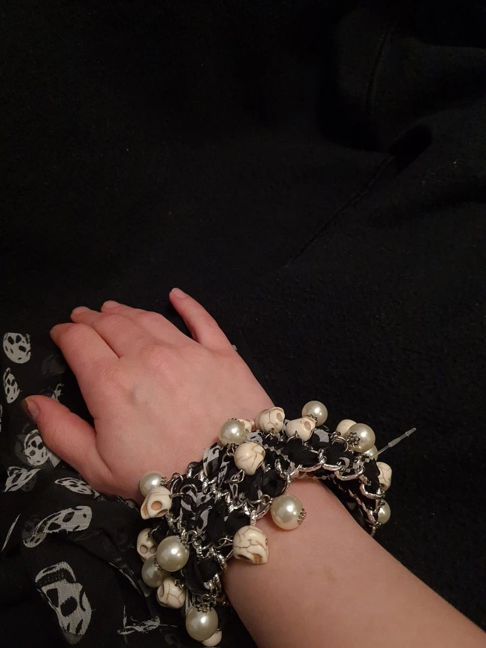 Skull and Pearl Charm Scarf Bracelet