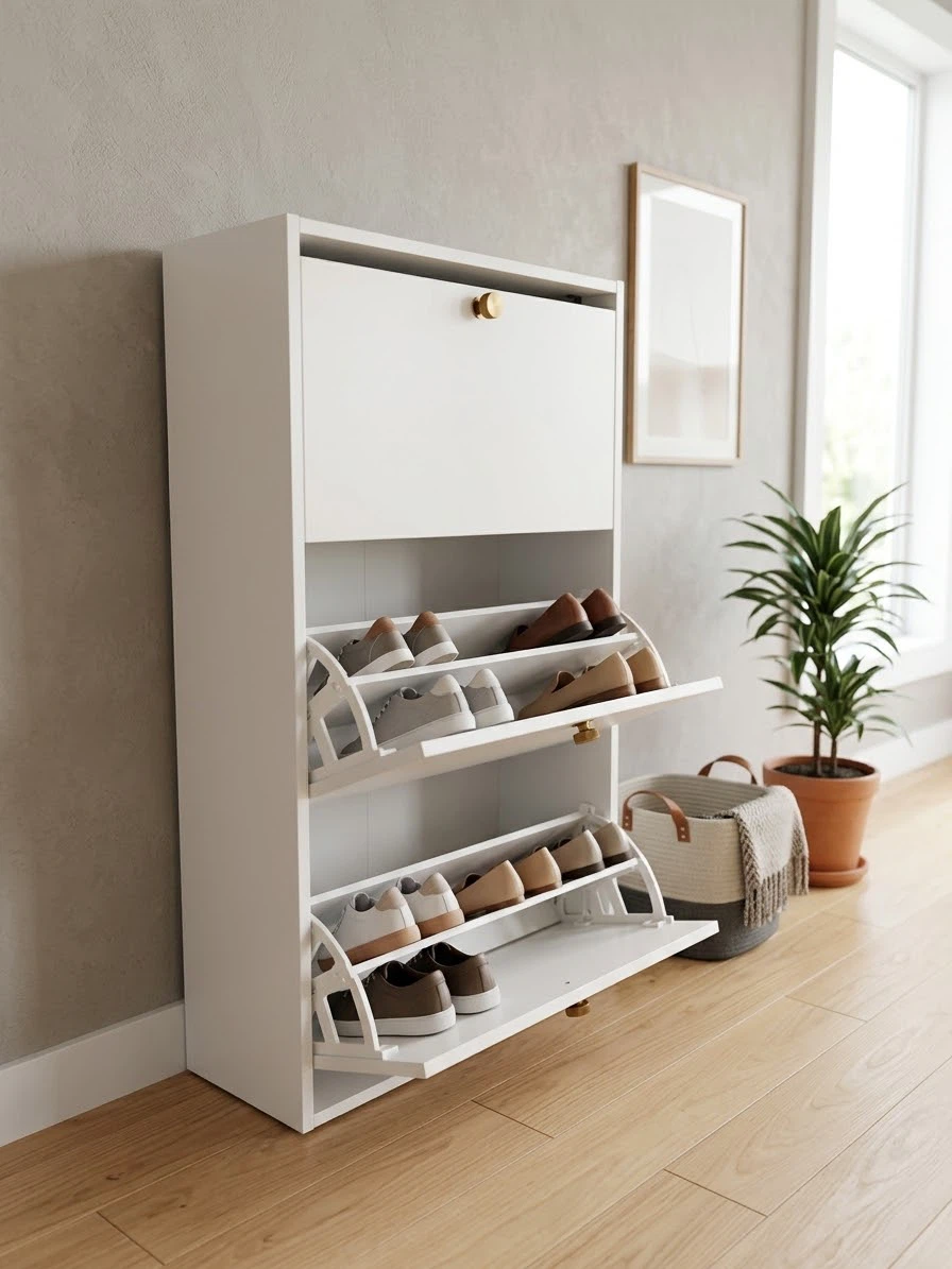 White 3-Tier Shoe Cabinet with Brass Knobs