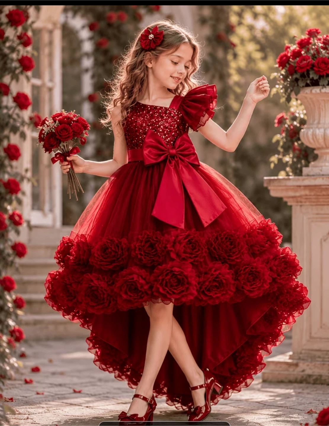 Girls Red Formal Rose High-Low Dress