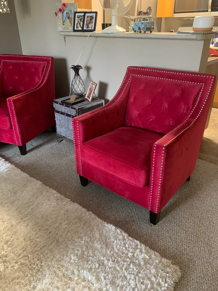 Pair of Red Velvet Tufted Accent Chairs