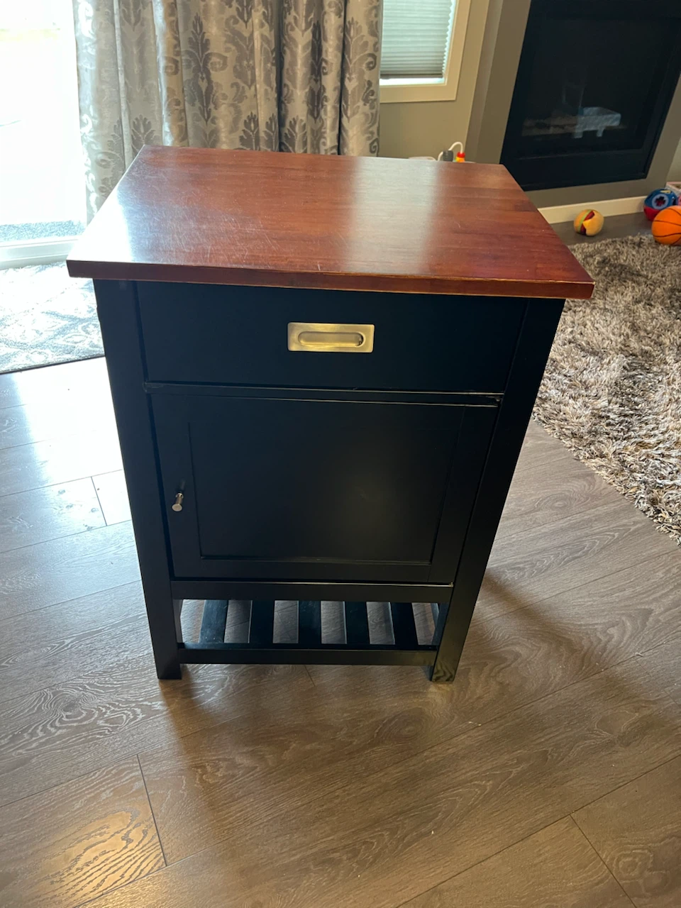 Black and Wood Side Table with Drawer and Cabinet