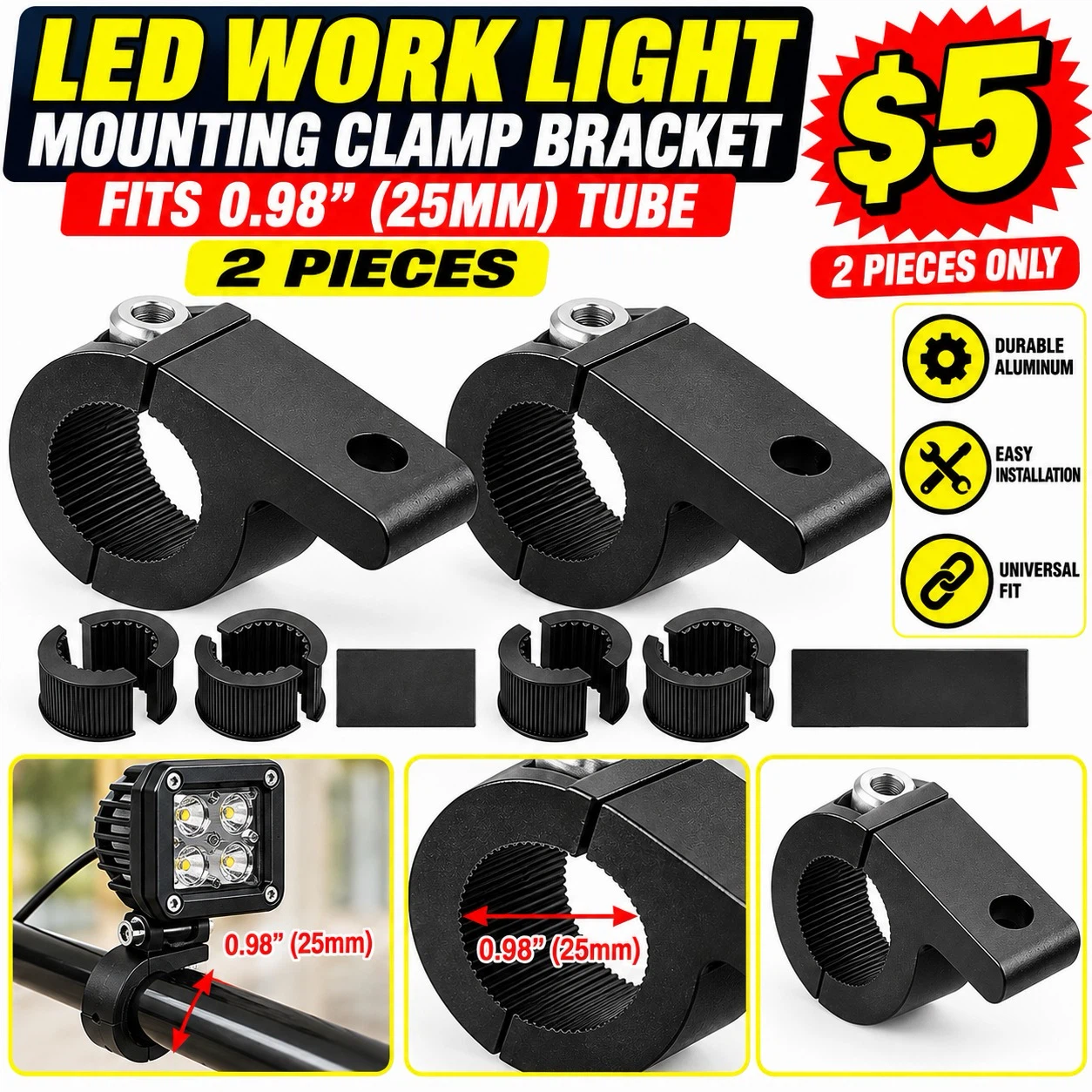 LED Work Light Mounting Clamp Bracket - 2 Pieces