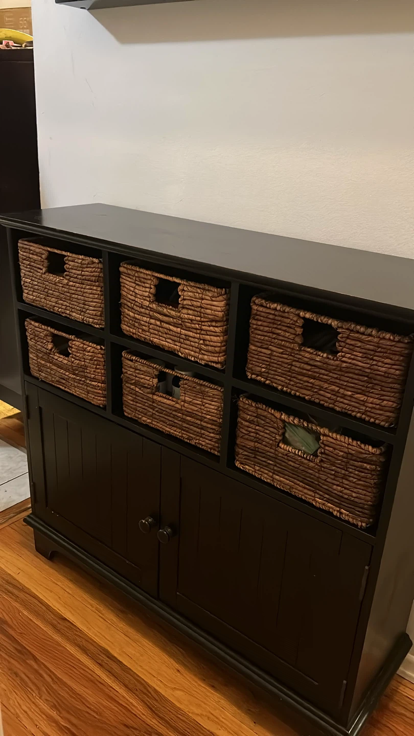 Mirror and Black Storage Console with Woven Baskets and Mirror