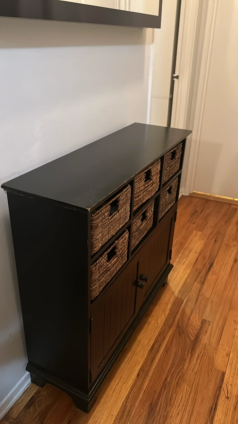 Mirror and Black Storage Console with Woven Baskets and Mirror - photo 2