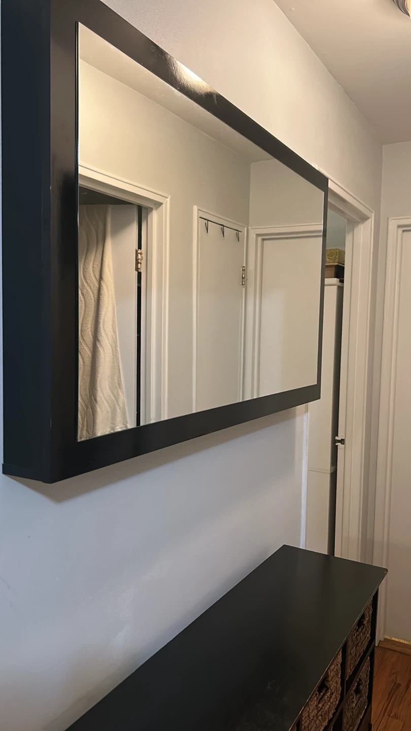 Mirror and Black Storage Console with Woven Baskets and Mirror - photo 4