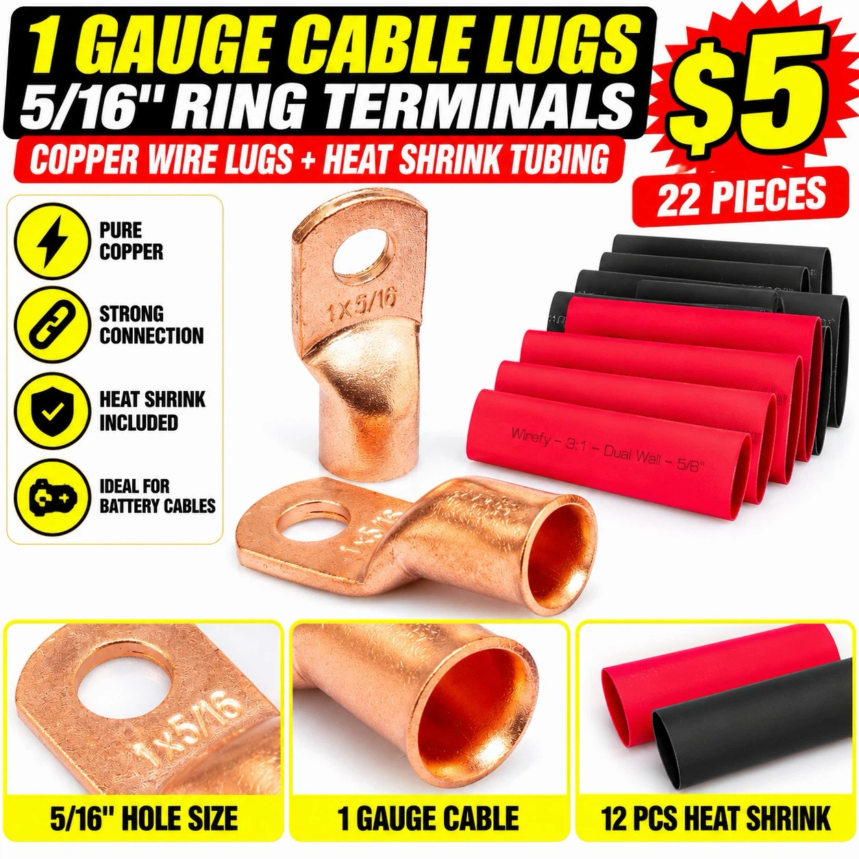 Wirefy 1 Gauge 5/16" Copper Cable Lugs Set