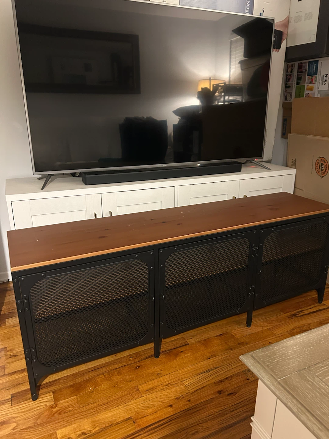Industrial Style TV Stand with Metal Mesh Doors