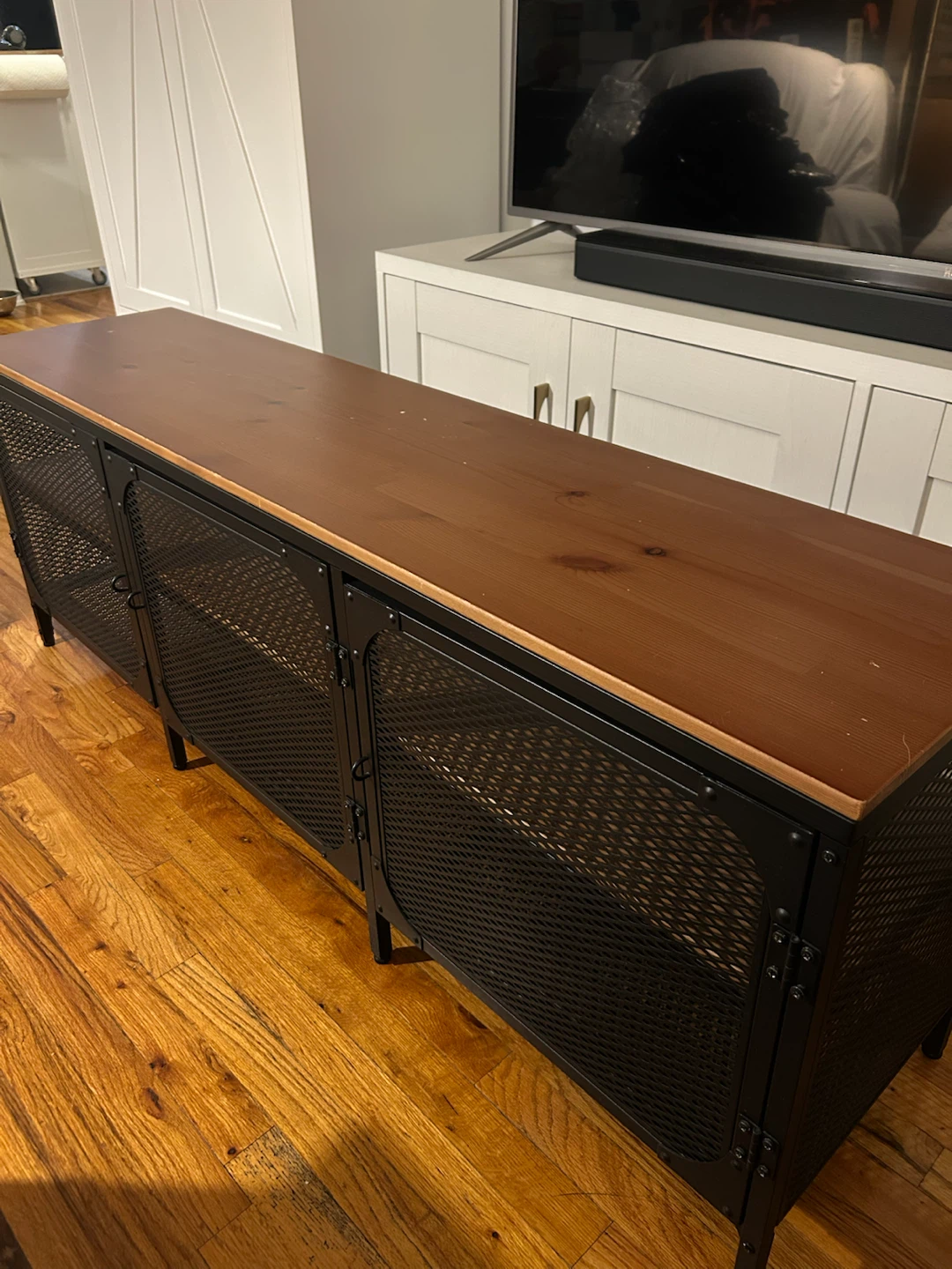 Industrial Style TV Stand with Metal Mesh Doors - photo 2