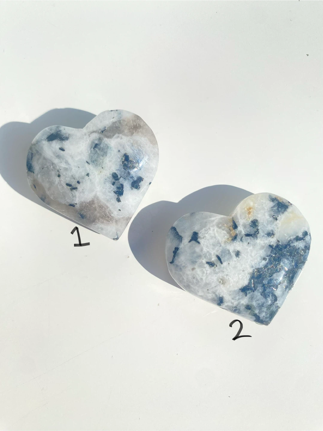 Two Rainbow Moonstone Heart Stones